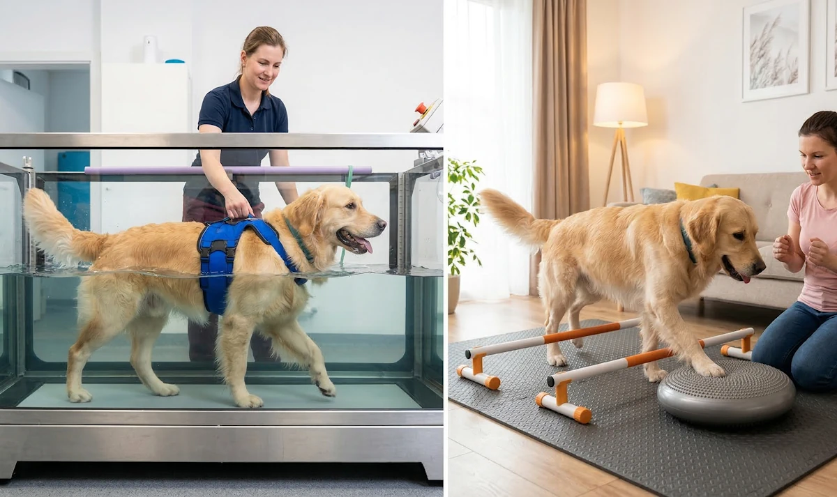 Rehabilitacja psa z dysplazją: Bieżnia wodna i ćwiczenia w domu